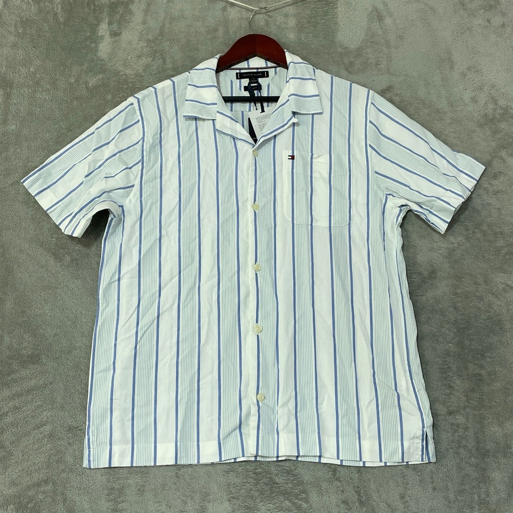 NWT Tommy Hilfiger Regular Fit Striped Button up Shirt Men's L White Blue Cotton